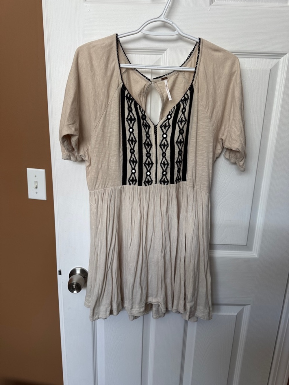 Free People Beige and Black Embroidered short sleeves Women's Top